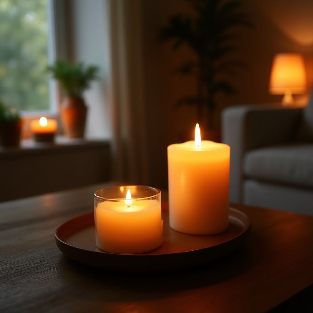 Candle in cozy home setting
